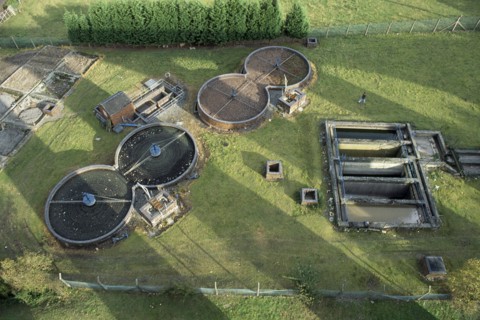 ENVIRONMENT, Water, Aerial view over sewage treatment works.