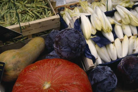 FRANCE, Market, "Vegetable display of chicory, green beans, squash, red cabbqge and pumpkin."