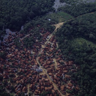 INDONESIA, South, Sumatra, "Aerial view of village,central mosque,wetlands & secondary jungle.