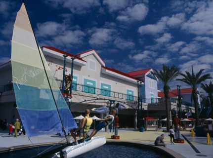 USA, Florida, Orlando, Pointe Orlando Shopping Complex with a sail boat display statue near
