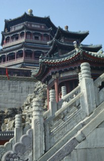 CHINA, Beijing, Summer Palace, Stone staircase leading up toward Pagodas