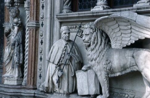 ITALY, Veneto, Venice, "Doges Palace.  Palazzo Ducale Porta Della Carta, detail of stone carvings.