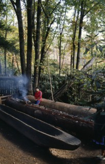 USA, North Carolina, Building, "Making dug out canoe, Oconaluftee Indian village. Cherokee