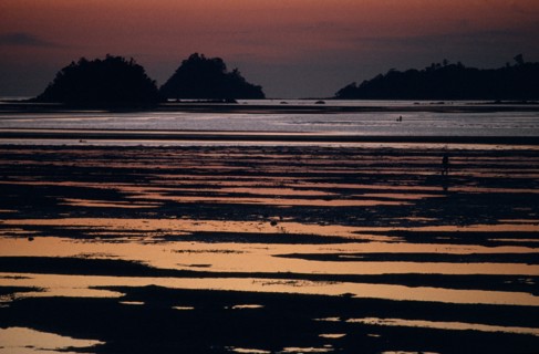 MALAYSIA, Borneo, Sabah, Kinarut Beach. Sunset reflected in the water with silhouetted islands just