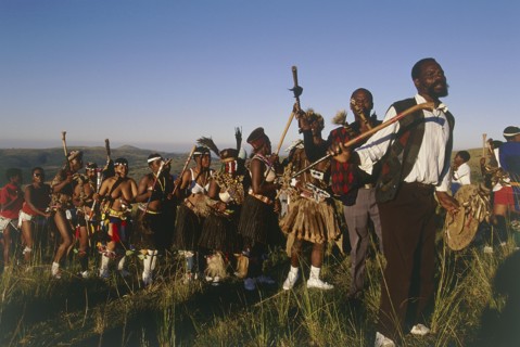 SOUTH AFRICA, KwaZulu Natal, Melmoth, Procession of bride's family at Zulu wedding in colourful