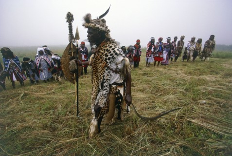 SOUTH AFRICA, KwaZulu Natal , Tugela, Local man in leopard skin officiating at Sangoma graduation