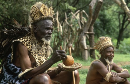 SOUTH AFRICA, KwaZulu Natal, Melmoth, "Old Zulu man in leopard skin and friend, strategist in