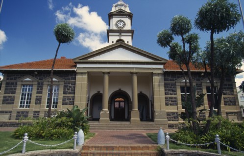 SOUTH AFRICA, KwaZulu Natal, Ladysmith, "Town Hall, exterior facade with colonnaded entrance and