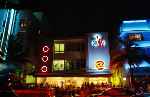 USA, Florida , Miami , South Beach. Ocean Drive Art Deco Buildings at night Johnny Rockets