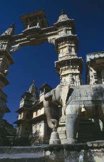 INDIA, Rajasthan, Amber, Amber Palace view with elephant sculpture
