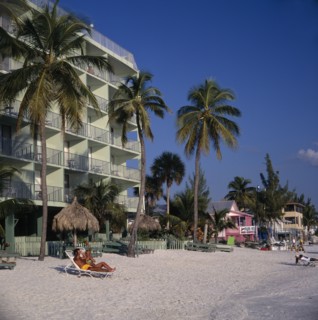USA, Florida , Fort Myers, Hotels next to sandy beach lined with palm trees and sunbathers on the