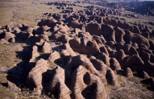 AUSTRALIA, Western Australia, Purnilulu National Park, Aerial view over striped rock towers