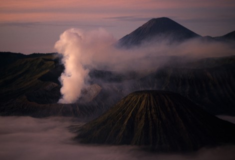 INDONESIA, Java, Mount Bromo, Aerial view of smoking craters.
