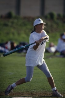 10097177 SPORT Ball Games Softball Female player at the plate swinging to strike the ball during the World Corporate Games in London in 1992