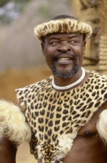 SOUTH AFRICA, KwaZulu Natal, Eshowe, Baba Ngema a local chef dressed in leopard skin