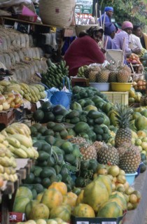 SOUTH AFRICA , KwaZulu Natal, St Lucia, Zulu women at street stall selling fruit and hand woven