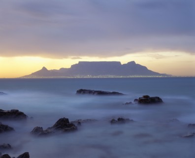 SOUTH AFRICA, Cape Province, Cape Town, View of Table Mountain at dawn taken from Bloubergstrand