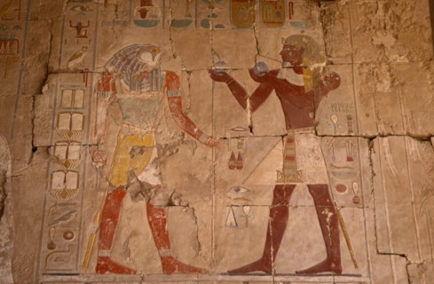 EGYPT, Nile Valley, Luxor, Hatshepsut Temple. Wall Painting in the Chaple of Anubis