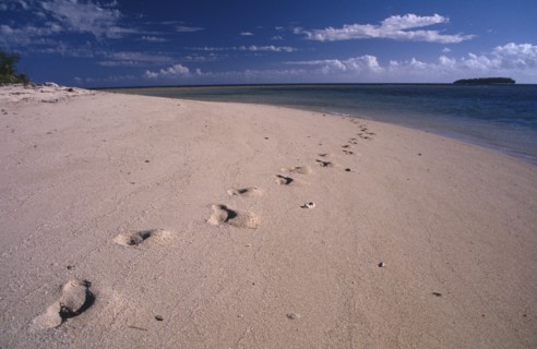 PACIFIC ISLANDS, Fiji, Caqelai Island, Footprints in the sand leading out in to the distance on a