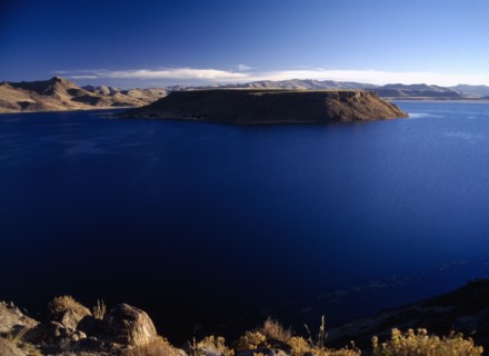 PERU, Puno Administrative Department, Sillustani, Lake Ayumara with island in the centre of the
