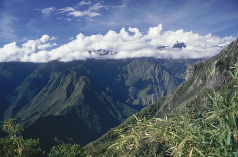 PERU, Cusco Department, Machu Picchu , The Inca trail mountain view from Machu Pichu with clouds