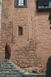 TIBET, Xigatse, Tashilumbo Monastery, Monk standing on steps in front of peach coloured painted