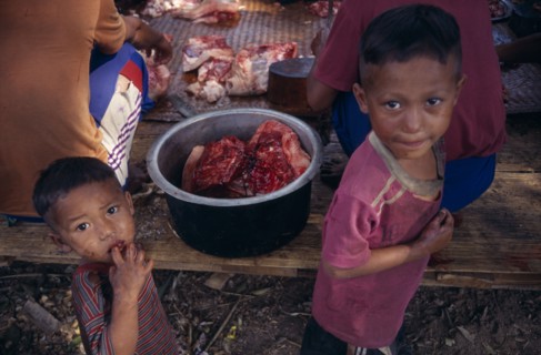 THIALAND , North, Mae Sariang, Karen refugees in Mae Lui village. Two children standing by bucket