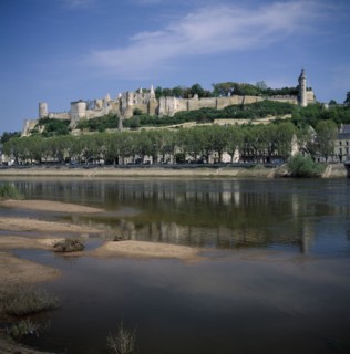 FRANCE, Loire Valley, Indre et Loire, Chinon Chateau seen across River Viene