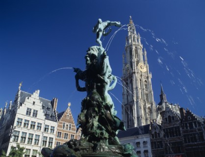 BELGIUM, Flemish Region, Antwerp, "The Brabo Fountain, tower of Our Lady's Cathedral & Main Square,
