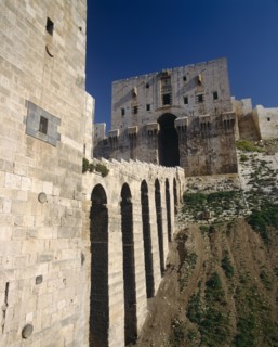 SYRIA, Aleppo,   Halab, "The Citadel, stone, fortified, arched viaduct walk to entrance "