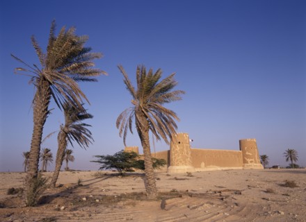 QATAR, Zubara, "Exterior view of a fort with crenellated towers, built in 1938 and used as a police