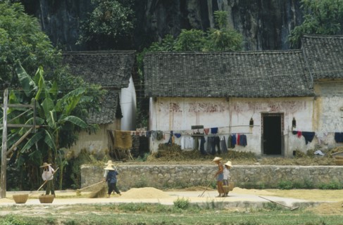 CHINA, Guangxi Province, People drying grain outside a farmhouse.