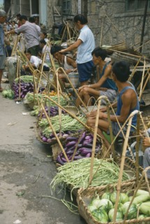 CHINA, Guizhou Province, "Village vegetable market, line of vendors selling beans and aubergines