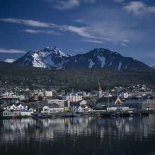 ARGENTINA, Patagonia, "Tierra del Fuego Ushuaia, Bahia Ushuaia, view of town, snowcapped mountains
