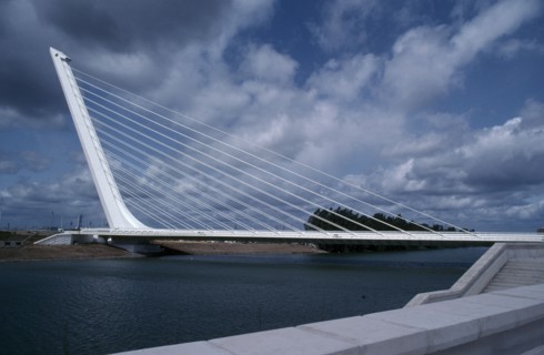 SPAIN, Andalucia, Seville, Puente del Alamillo Bridge over Guadalquivir River