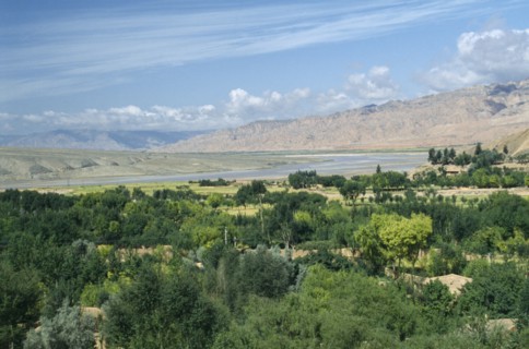 CHINA, Qinghai Province , Yellow River, Green trees and mountains with The yellow River in the