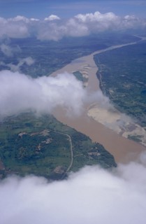 LAOS, Vientiane, Aerial view of the Mekong River through clouds