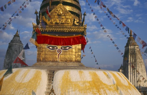 NEPAL, Kathmandu Valley, Swayambhunath, Swayambhunath Temple.  Detail of roof dome with painted