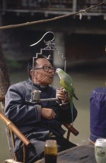 CHINA, Sichuan, Chengdu, Man sitting at cafe table holding a parrot