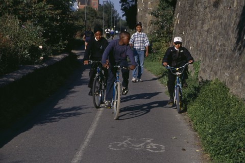 10060124 CHILDREN Leisure Cycling Boys on cycle path in Bristol  England