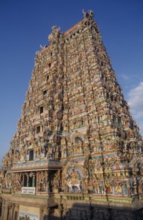INDIA, Tamil Nadu, Madurai , "Sri Meenakshi Temple, exterior of the West Tower showing elaborate