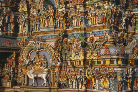 INDIA, Tamil Nadu, Madurai , Sri Meenakshi Temple multi coloured carvings