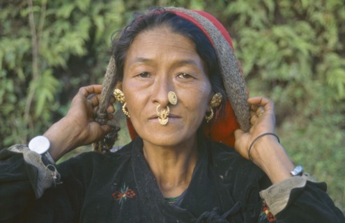 INDIA, Sikkim, People, "Woman with nose jewellery, head and shoulders portrait."