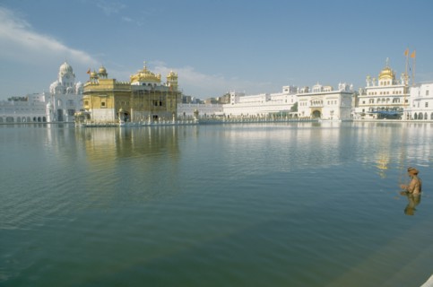 INDIA, Punjab, Amritsar , Sikh man praying in the sacred pool surrounding the Golden Temple.