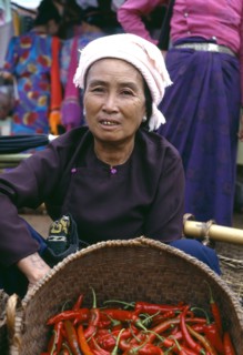 CHINA, Yunnan, Menghun , Dai market woman sitting by basket of red chillies