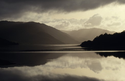 WEATHER, Rain, Rainclouds, Loch Sunart in the Scottish Highlands with the mountains and dark clouds