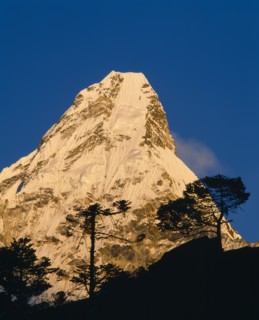 NEPAL, Sagarmatha National Park, Ama Dablam, Himalayan mountain peak in the Khumba Valley at dusk.