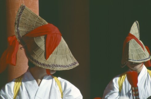 JAPAN, Miyajima, Dancers in costume for autumn sake harvest festival.