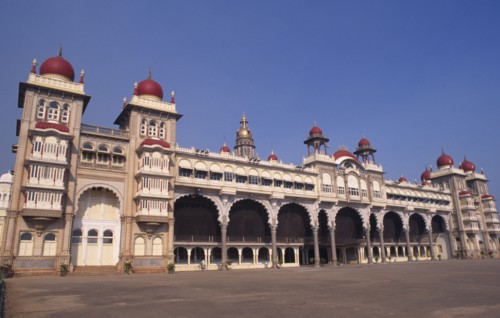 INDIA, Karnataka , Mysore , Angled view of exterior of Mysore Palace also known as Amba Vilas