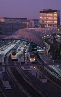 ENGLAND,  , London,  Waterloo Station International Terminal with Eurostar trains in evening.  City